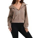 Women's Oversized Hoodie Zipper Crop Top Jackets Thumb Hole Long Sleeve Outfit Sweatshirts Light Brown