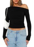 Darong Women's Casual Long Sleeve Boat Neck Off Shoulder Slim Fit Crop Top Going Out Blouses Y2K Tight Shirts, Black, Medium