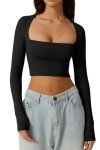QINSEN Women's Sexy Square Neck Crop Top Long Sleeve Slim Fit Cropped T Shirts, Black, Medium