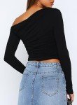 Darong Women's Casual Long Sleeve Boat Neck Off Shoulder Slim Fit Crop Top Going Out Blouses Y2K Tight Shirts, Black, Medium