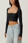 QINSEN Women's Sexy Square Neck Crop Top Long Sleeve Slim Fit Cropped T Shirts, Black, Medium