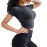 Vanoluya Women's Workout Crop Top Seamless Athletic Yoga Short Sleeve Fitness Compression Shirt Tight Tee Gym Crop Tops., Black, Small
