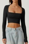 QINSEN Women's Sexy Square Neck Crop Top Long Sleeve Slim Fit Cropped T Shirts, Black, Medium