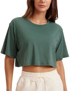 CRZ YOGA Women's Pima Cotton Workout Crop Tops Short Sleeve Yoga Shirts Casual Athletic Running T-Shirts Graphite Green Medium