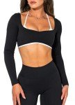 OZICERD Women Workout Tops Long Sleeve Shirt Gym Clothes Backless Built in Bra Athletic Crop Top Sport Femme Halter Yoga Tops Black S