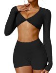 YEOREO Kyla Women Crop Top Long Sleeve V Neck Padded Sports Low Medium Impact Yoga Shirt Workout Black S