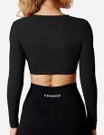 YEOREO Kyla Women Crop Top Long Sleeve V Neck Padded Sports Low Medium Impact Yoga Shirt Workout Black S