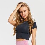 Vanoluya Women's Workout Crop Top Seamless Athletic Yoga Short Sleeve Fitness Compression Shirt Tight Tee Gym Crop Tops., Black, Small