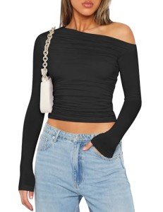Zeagoo Womens Long Sleeve Off The Shoulder Casual Crop Tops Sexy Asymmetrical Going Out Slim Fit Y2K T Shirts