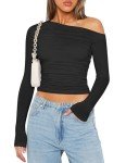 Zeagoo Womens Long Sleeve Off The Shoulder Casual Crop Tops Sexy Asymmetrical Going Out Slim Fit Y2K T Shirts