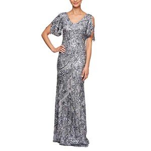 Silver Sequin Lace Cold Shoulder Gown for Women