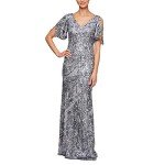 Silver Sequin Lace Cold Shoulder Gown for Women