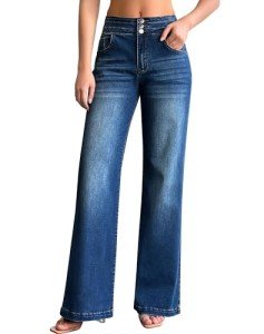 roswear Women's Wide Leg Jeans Casual High Waisted Stretch Baggy Loose Denim Pants, Blue, Medium