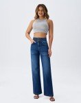 roswear Women's Wide Leg Jeans Casual High Waisted Stretch Baggy Loose Denim Pants, Blue, Medium