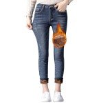 QLWYDG Women's Fleece Lined Jeans Thermal Flannel Lined Jeans Winter Warm Thicken Skinny Stretch Denim Pants Blue