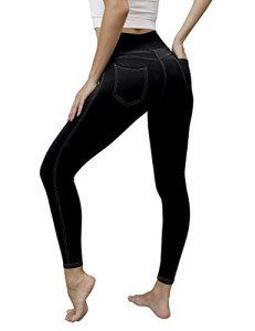 VOOVEEYA Jeggings for Women High Waist, Leggings with Pockets Tummy Control Plus Size Stretchy Jeans Leggings 7/8(Black-M)