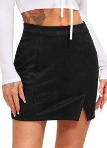 TZLDN Mini Skirts for Women Short Pencil Skirts Faux Suede Skirt with Slit Fall Winter Casual Work Black M
