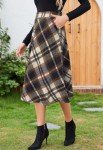 HERBATOMIA Midi Plaid A-line Skirt Long High Elastic Waist Winter Flare Skirts for Women with Pocket Brown-White