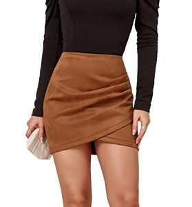 Mingnos Womens High Wasited Zipper Closure Ruched Cross Irregular Faux Suede Mini Skirt (Khaki, L)