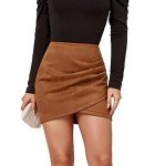 Mingnos Womens High Wasited Zipper Closure Ruched Cross Irregular Faux Suede Mini Skirt (Khaki, L)