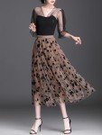Velinsak Skirts for Women Midi Long Length Pleated High Waisted Tulle Skirt Floral A-Line Flowy Skirts Khaki L-XL