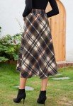 HERBATOMIA Midi Plaid A-line Skirt Long High Elastic Waist Winter Flare Skirts for Women with Pocket Brown-White