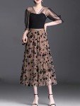 Velinsak Skirts for Women Midi Long Length Pleated High Waisted Tulle Skirt Floral A-Line Flowy Skirts Khaki L-XL