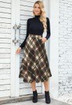 HERBATOMIA Midi Plaid A-line Skirt Long High Elastic Waist Winter Flare Skirts for Women with Pocket Brown-White