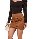 Mingnos Womens High Wasited Zipper Closure Ruched Cross Irregular Faux Suede Mini Skirt (Khaki, L)