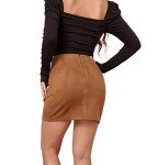 Mingnos Womens High Wasited Zipper Closure Ruched Cross Irregular Faux Suede Mini Skirt (Khaki, L)
