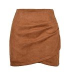 Mingnos Womens High Wasited Zipper Closure Ruched Cross Irregular Faux Suede Mini Skirt (Khaki, L)