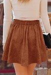 HERBATOMIA Women’s High Elastic Waist Corduroy Skater Skirt Button Front Flared A-line Pleated Mini Brown Skirts for Women with Pocket
