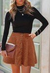 HERBATOMIA Women’s High Elastic Waist Corduroy Skater Skirt Button Front Flared A-line Pleated Mini Brown Skirts for Women with Pocket