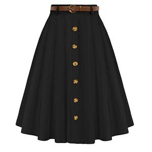 Belle Poque Womens High Waisted A-Line Midi Skirt Button Front Summer Midi Skirt Knee Length Black S