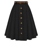 Belle Poque Womens High Waisted A-Line Midi Skirt Button Front Summer Midi Skirt Knee Length Black S