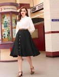 Belle Poque Womens High Waisted A-Line Midi Skirt Button Front Summer Midi Skirt Knee Length Black S