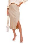 HERBATOMIA Women’s Midi Split Side Bodycon Skirt Stretchy Ribbed Knit High Waist Mid Length Casual Khaki Skirts for Women