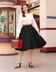 Belle Poque Womens High Waisted A-Line Midi Skirt Button Front Summer Midi Skirt Knee Length Black S