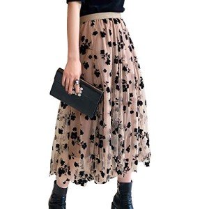 Women Tutu Tulle Skirt Elastic High Waist Layered Skirt Floral Print Mesh A-Line Midi Skirt Khaki