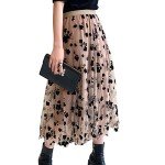Women Tutu Tulle Skirt Elastic High Waist Layered Skirt Floral Print Mesh A-Line Midi Skirt Khaki