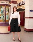 Belle Poque Womens High Waisted A-Line Midi Skirt Button Front Summer Midi Skirt Knee Length Black S