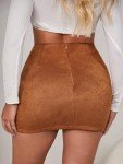 Aucute Suede Skirt for Women Faux, Asymmetrical Crossover Ruched Back Zipper Wrap High Waist Bodycon Mini Short Skirt Khaki, L
