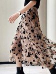 Women Tutu Tulle Skirt Elastic High Waist Layered Skirt Floral Print Mesh A-Line Midi Skirt Khaki