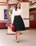 Belle Poque Womens High Waisted A-Line Midi Skirt Button Front Summer Midi Skirt Knee Length Black S