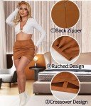 Aucute Suede Skirt for Women Faux, Asymmetrical Crossover Ruched Back Zipper Wrap High Waist Bodycon Mini Short Skirt Khaki, L