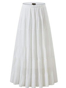 NASHALYLY Women's Chiffon Elastic High Waist Pleated A-Line Flared Maxi Skirts White