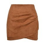 Aucute Suede Skirt for Women Faux, Asymmetrical Crossover Ruched Back Zipper Wrap High Waist Bodycon Mini Short Skirt Khaki, L