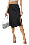 ALCEA ROSEA Womens Satin Skirt Split Casual Silky Midi Skirt High Waist Elastic Elegant A Line Work Skirt (Black, Medium)