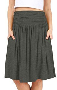 Simlu Womens Regular and Plus Size Skirt with Pockets Below The Knee Length Ruched Flowy Skirt Midi Skirt for Women (Size Medium, Charcoal Grey)