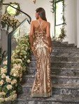 Gold Floral Sequin V Neck Long Evening Dress